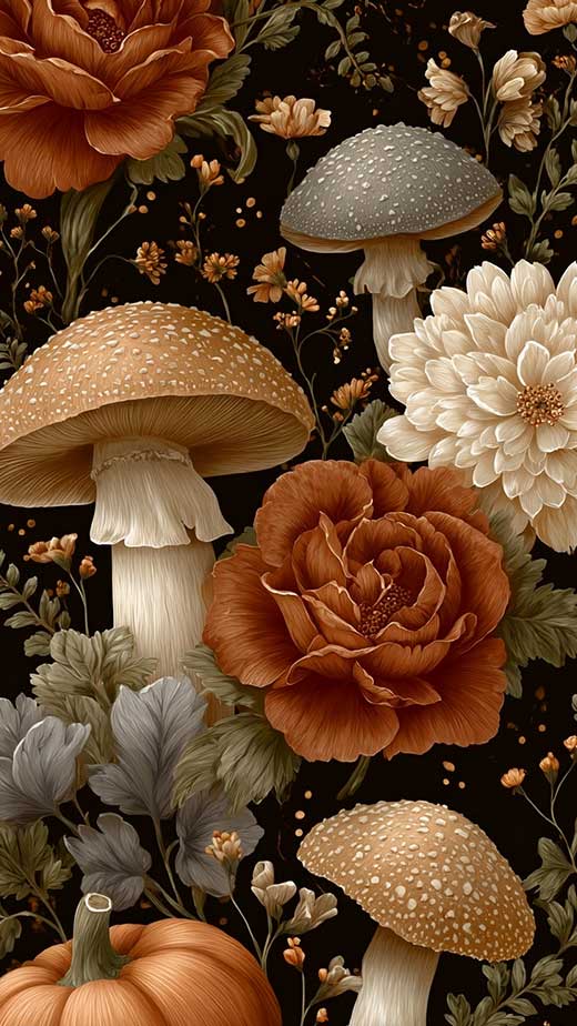 aesthetic fall cottagecore wallpaper for iphone with brown and terracota mushrooms and flowers