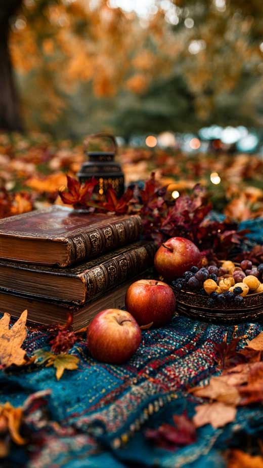 cozy cute dark academia inspired warm fall aesthetic wallpaper with vintage books, apple and leaves