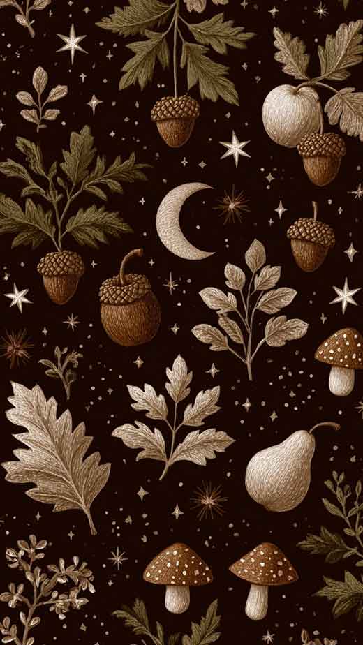 dark cottagecore fall pattern wallpaper for iphone with starts moon and mushrooms