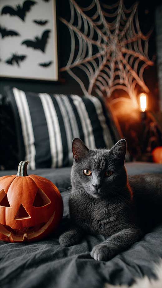 halloween aesthetic grey cat black white and orange fall wallpaper for iphone