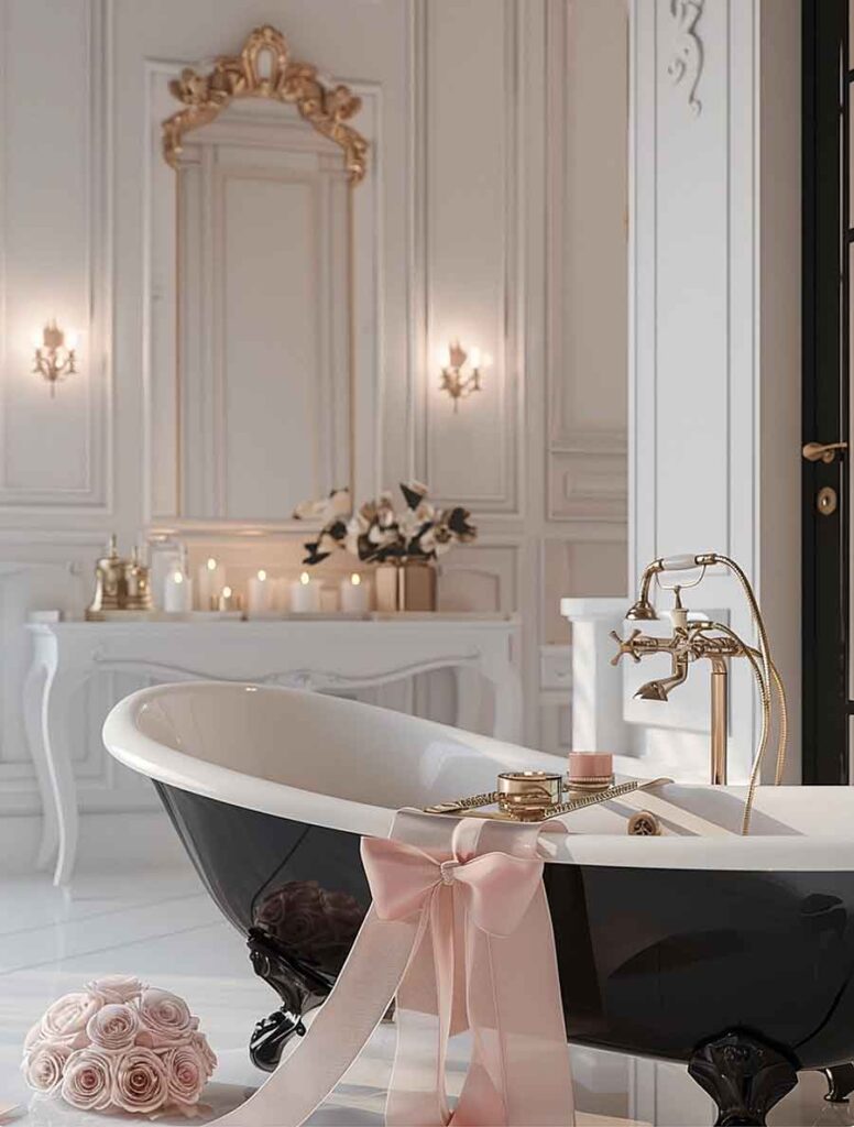 black white and gold parisian chic bathtub