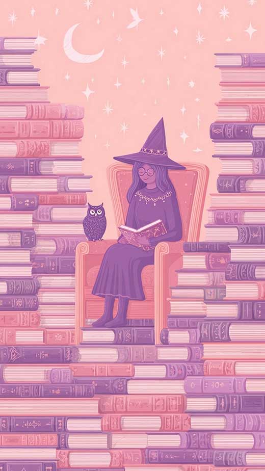 cute pink and purple witch wallpaper for iphone witch illustrations with books and owl