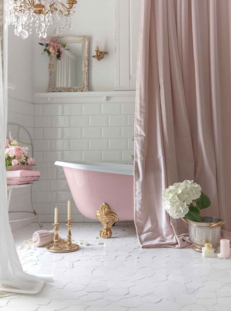 white and pink bathub coquette with subway tiles and girly vintage decoration