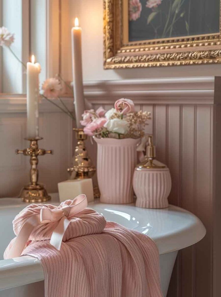 pink and white coquette aesthetic bathroom