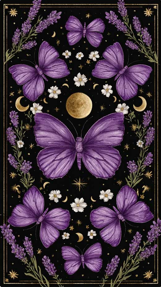 witchy purple moon aesthetic phone wallpaper with butterflies, herbs and full and waxing moon 