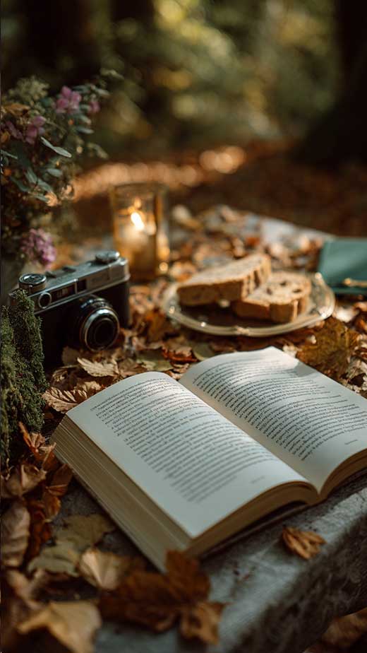 dark academia aesthetic fall wallpaper with vintage amera and open book