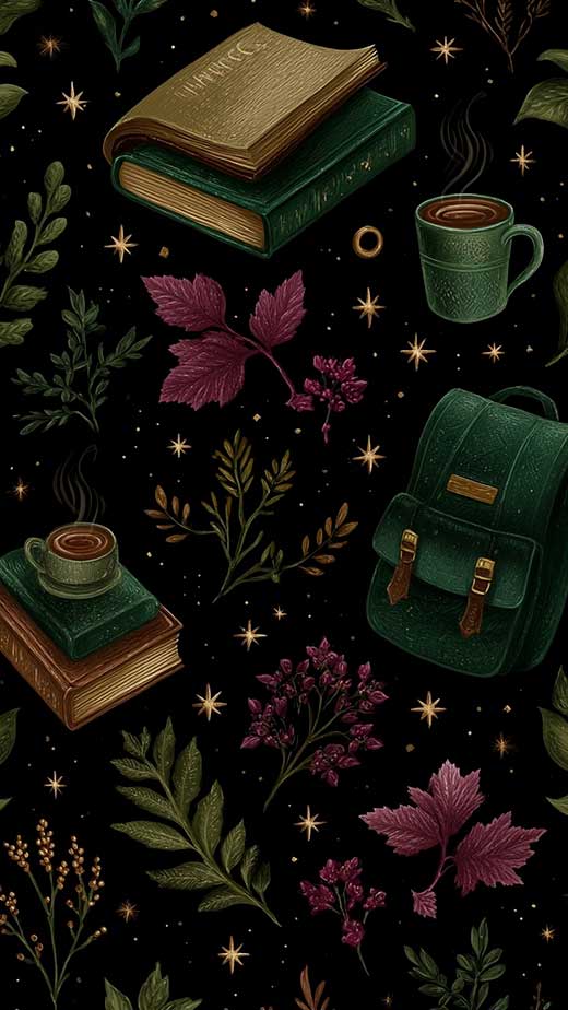 witchy academia fall wallpaper for iphone in black and green with coffe books ans stars