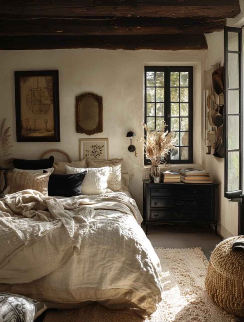 vintage cozy witchy aesthetic bedroom idea with rustic modern decor.