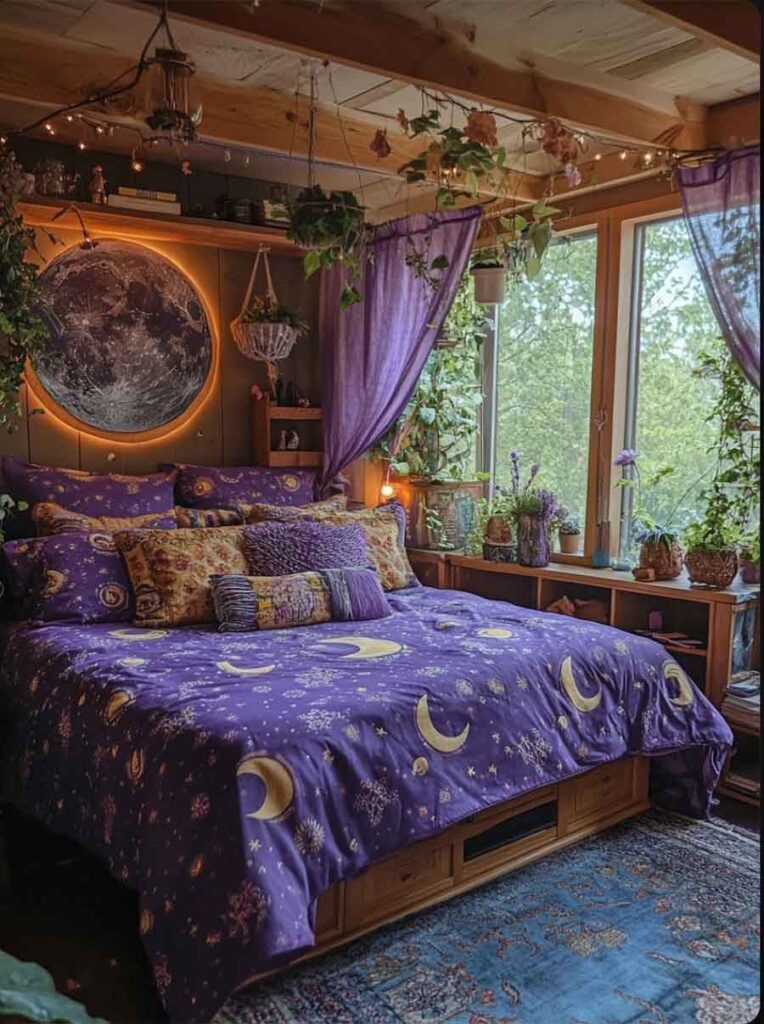 boho aesthetic withcy bedroom. purple, woods, plants and moon celestial themed. 