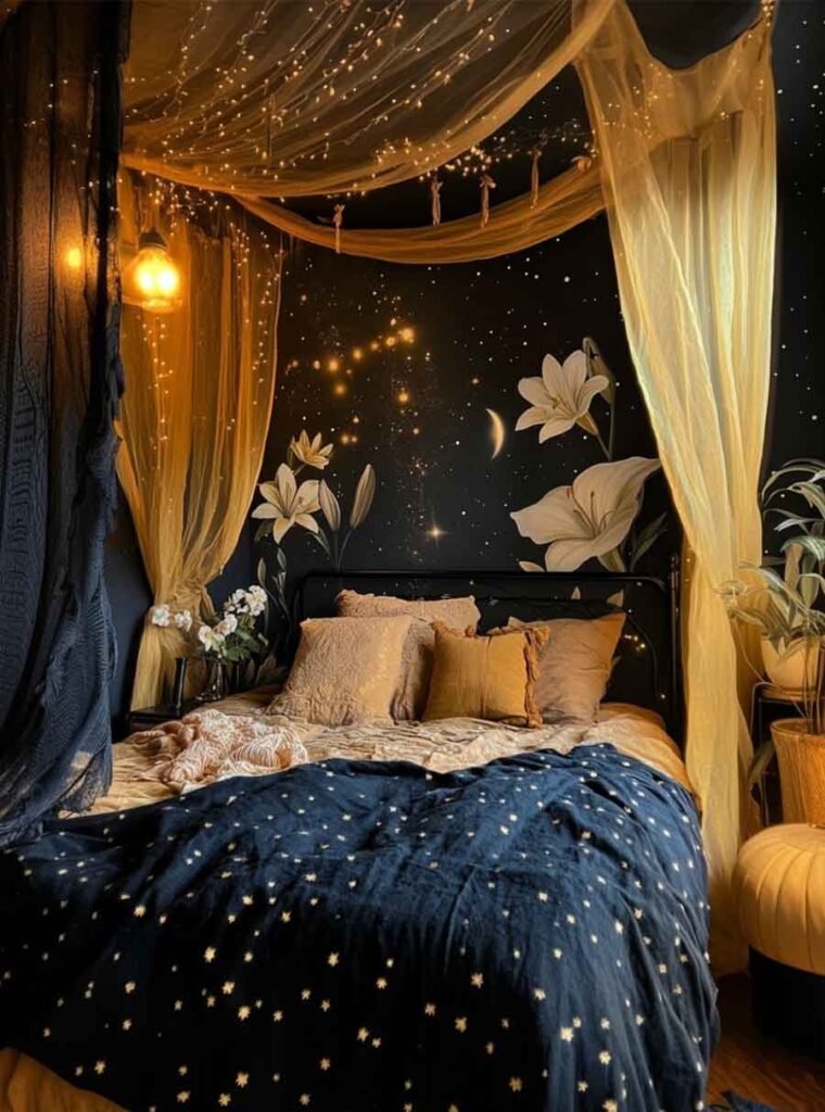 lily flower inspired celestial witchy aesthetic bedroom idea