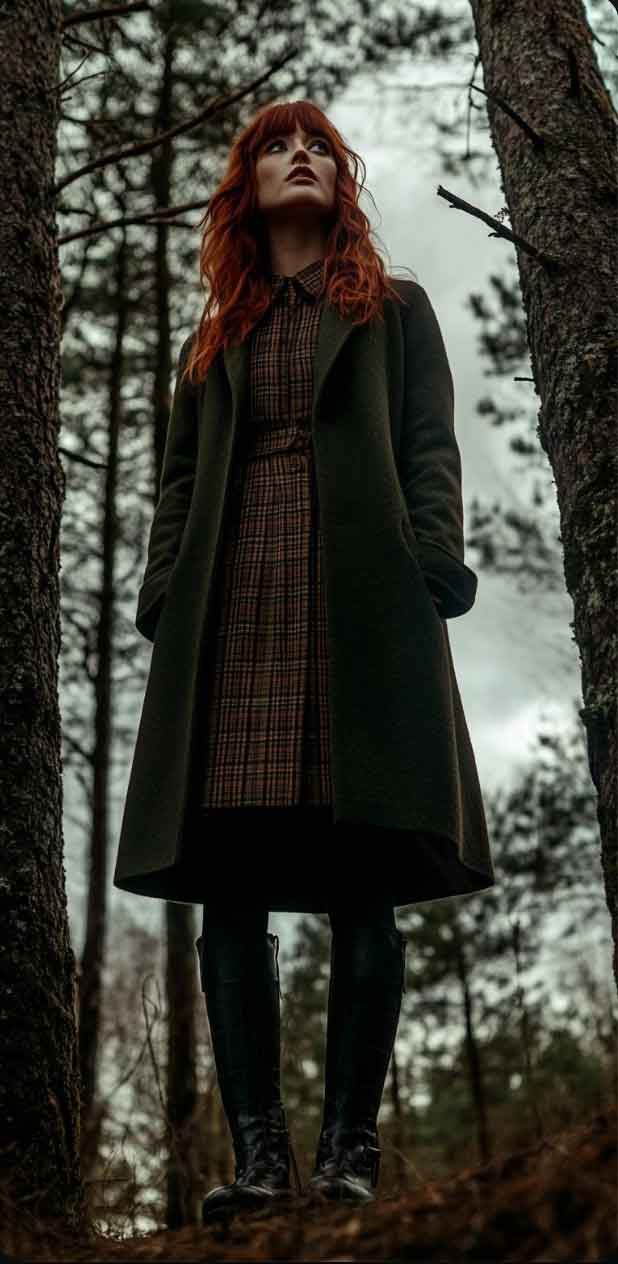 fall coitagecore oufit for rainy day with rain boots, plaid dress and green woold trench coat