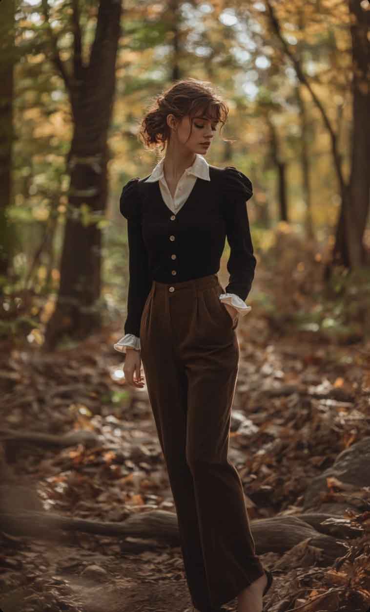 casual simple fall cottagecore outfit with pants dark academia style