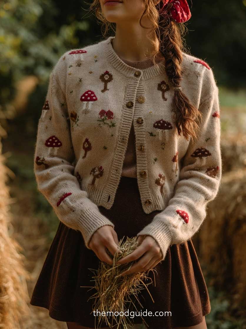 fall cottagecore aesthetic mushroom cardigan outfit