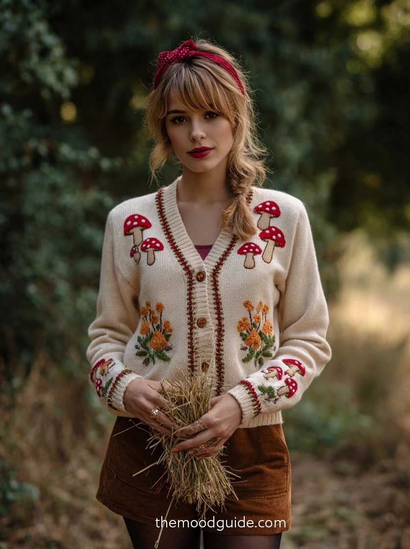 fall cottagecore mushroom aesthetic cardigan with shorts