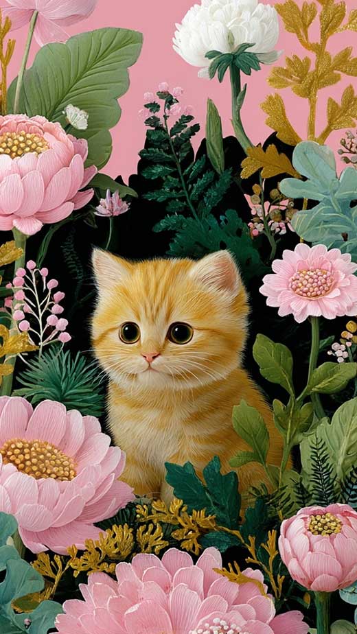 cute kittten floral pink and blue wallpaper