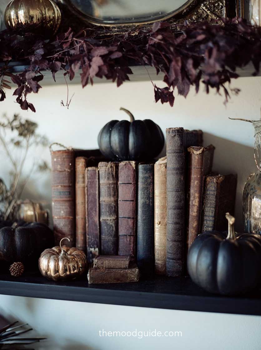dark academia shelf decor idea for fall with black and gold pumpkins, burgundy leaves and leather books