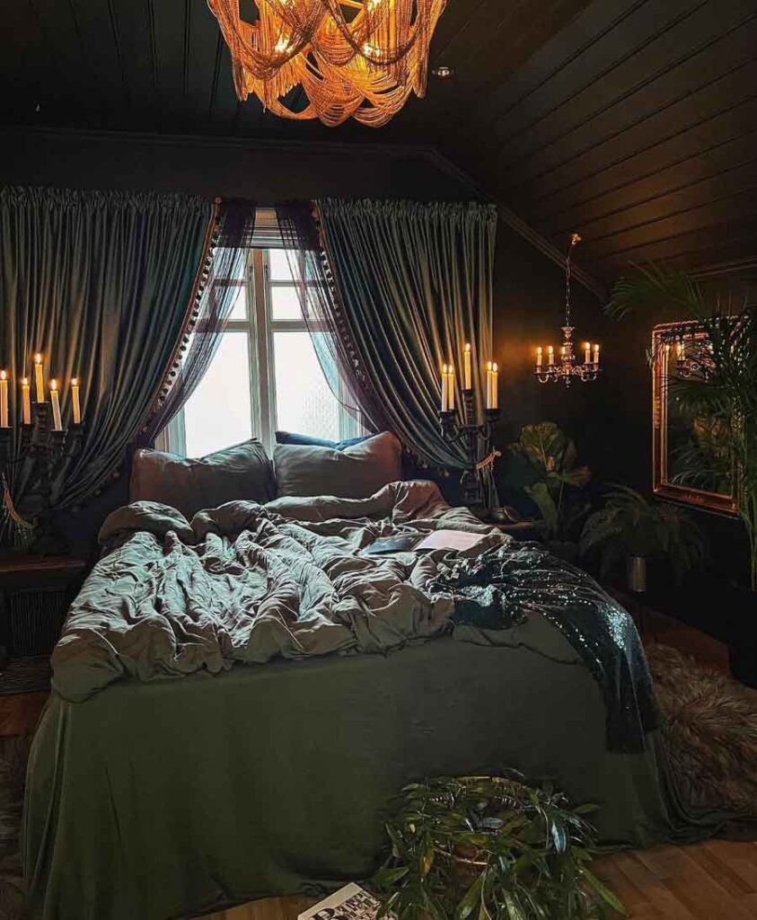 dark moody witchy green victorian bedroom