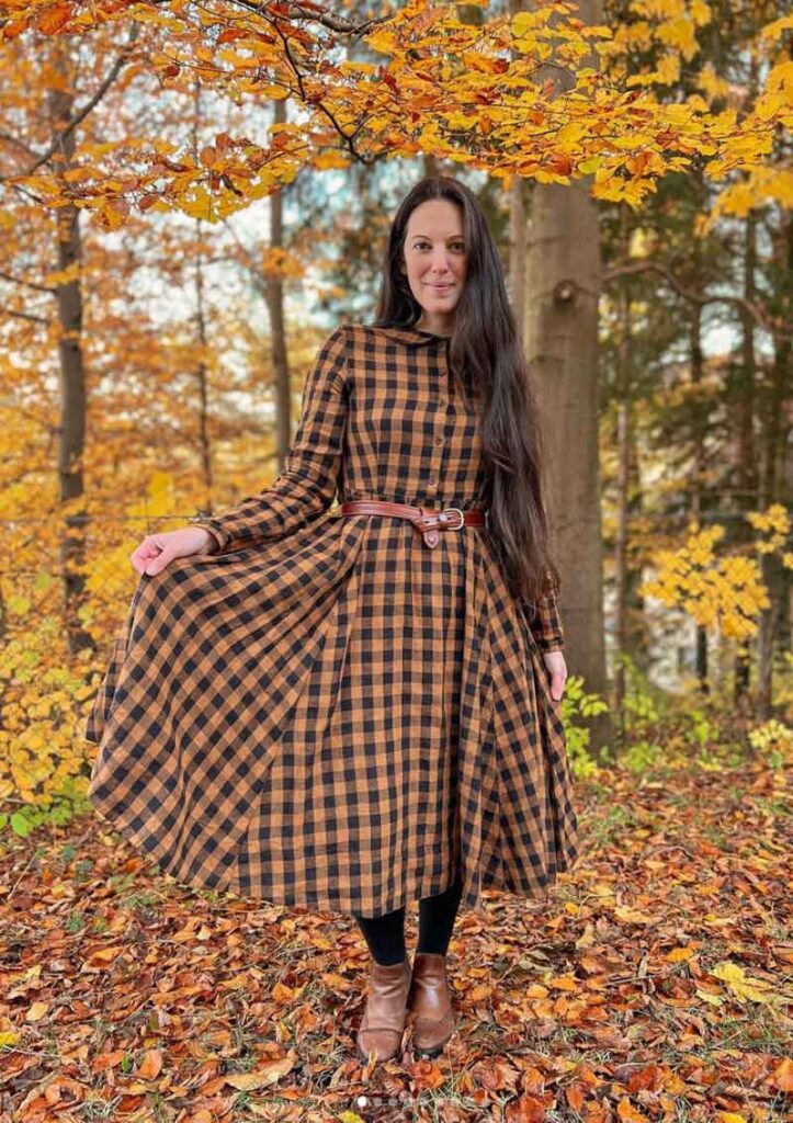 fall cottagecore aesthetic gingham dress outfit idea