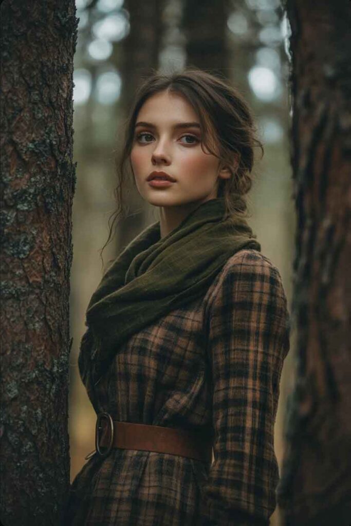 outlander aesthetic fall cottagecore outfit with plaid dress and scarf  