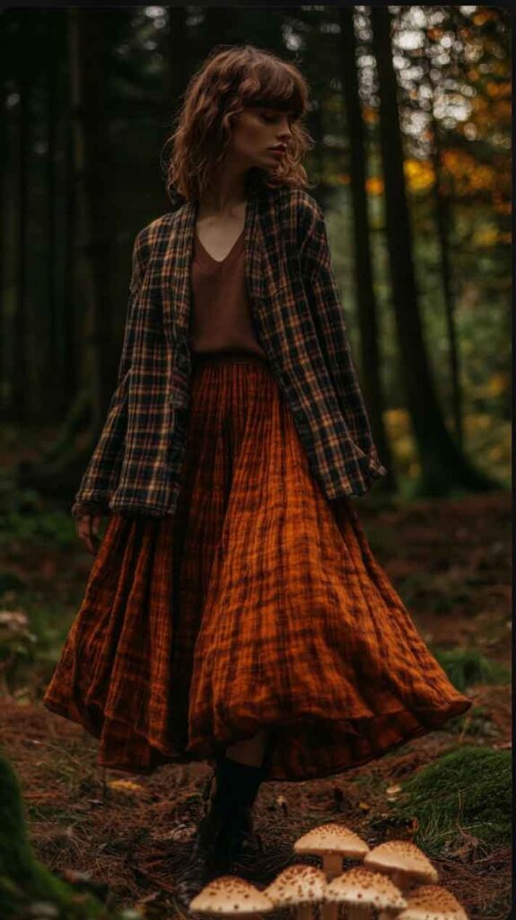 casual fall cottagecore outfir with maxi skirt outdoorsy aesthetic style with terracotta