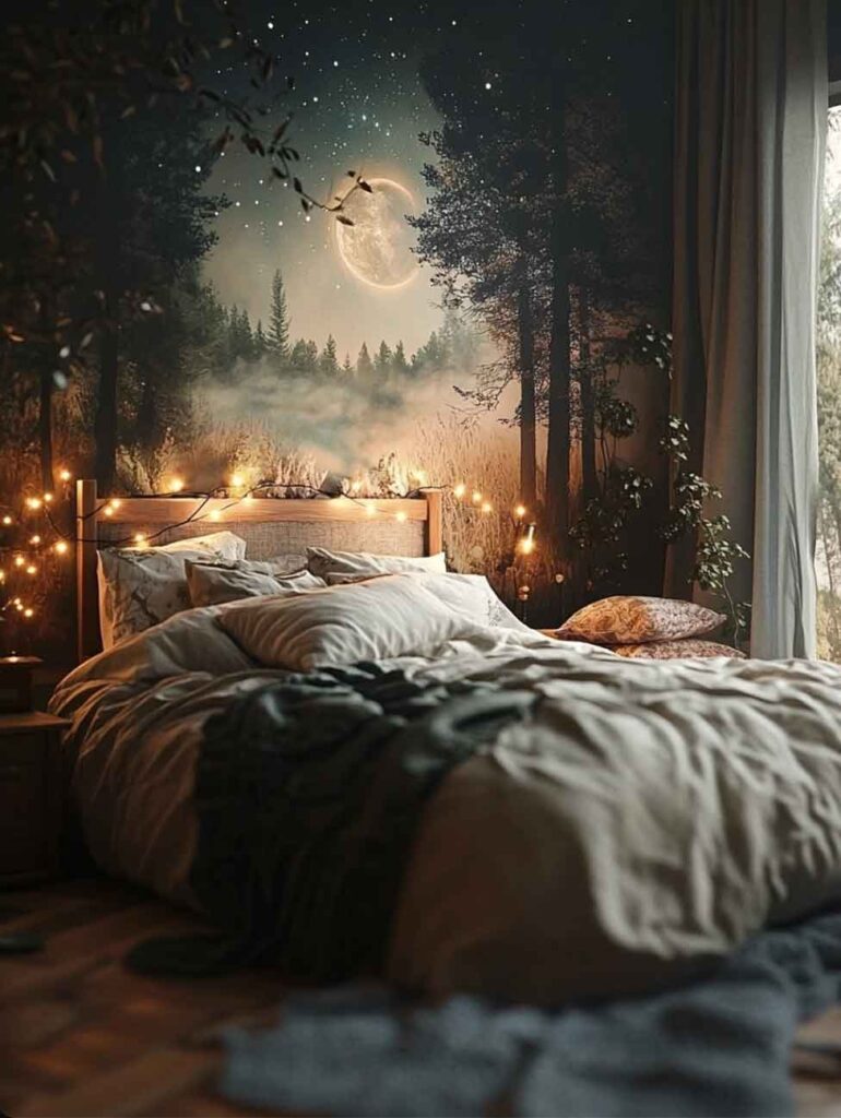 wood witch cozy bedroom aesthetic idea. industrial rustic bedroom decor. forest themed