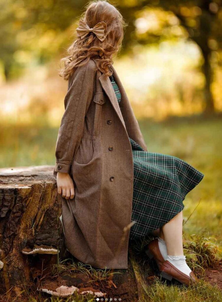 green scottish highlander style fall cottagecore outfit with dress and trench coat