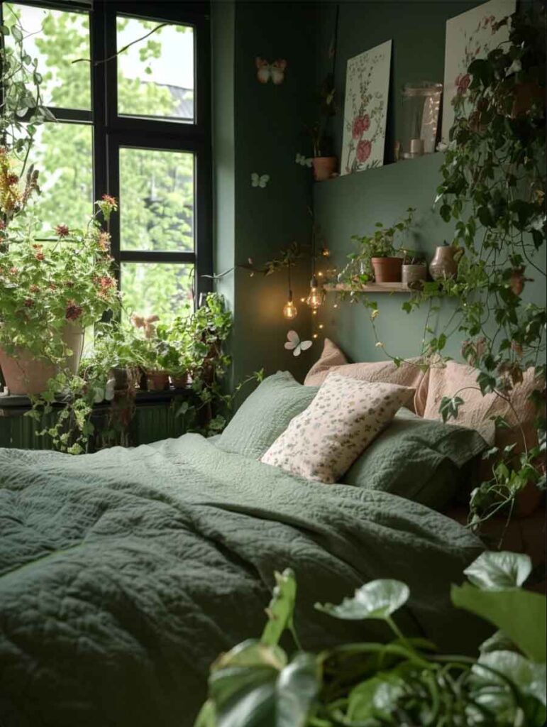 rustic green bedroom with plants. aesthetic witchy