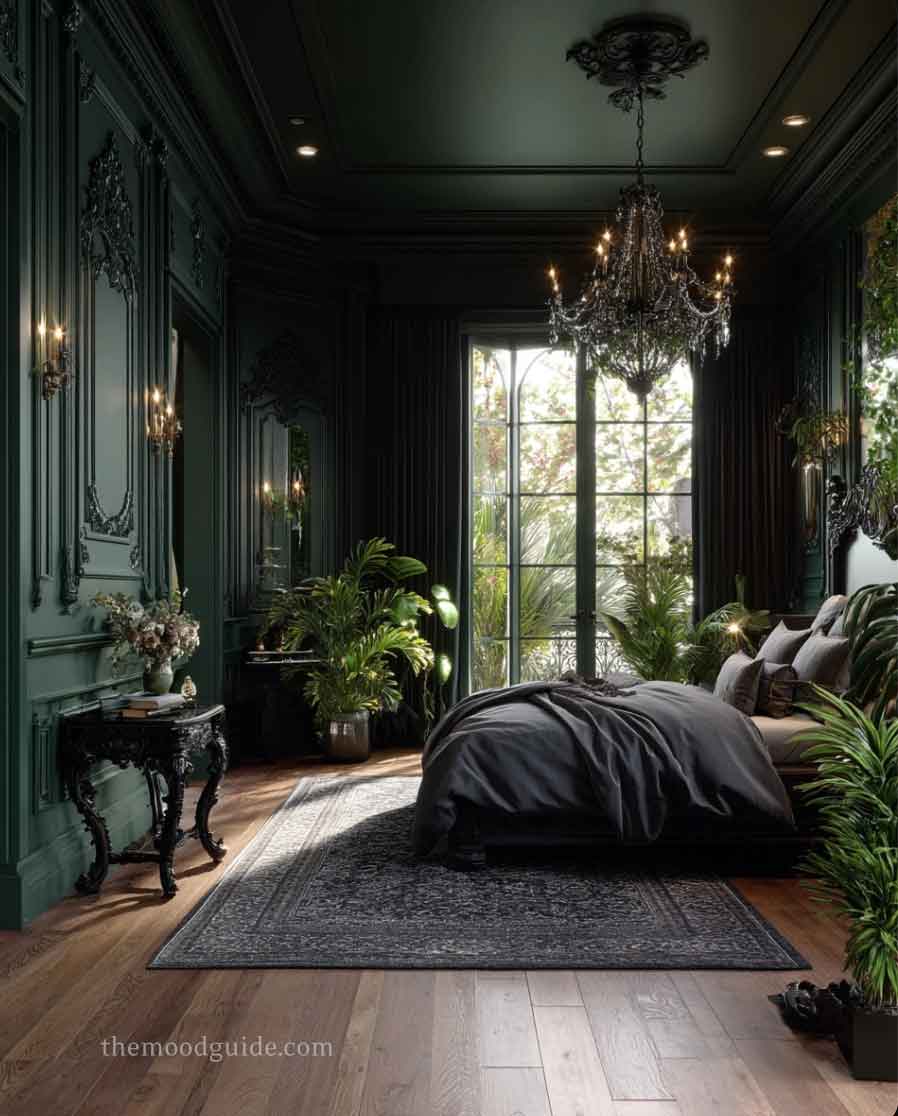 dark green victorian witchy bedroom aesthetic decor.