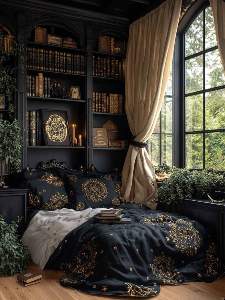 victorian luxury black and gold modern aesthetic witchy bedroom with candles and books