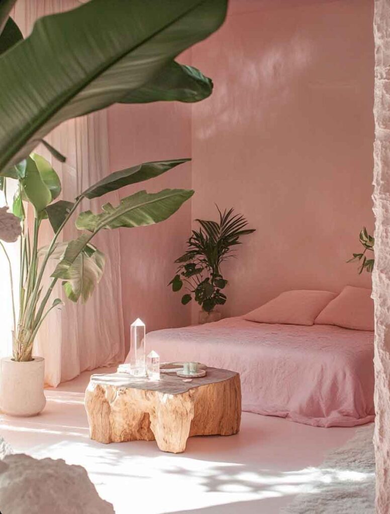 simple pink aesthetic witchy bedroom with crystals