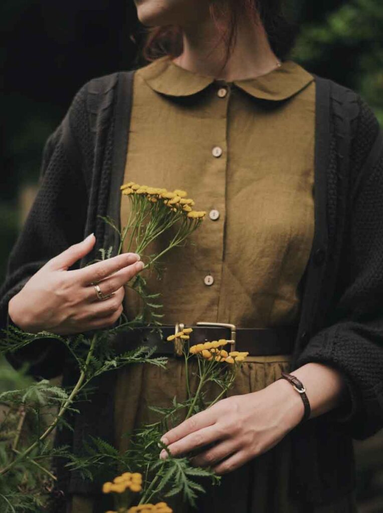 fall cottagecore outfit with dress green and black