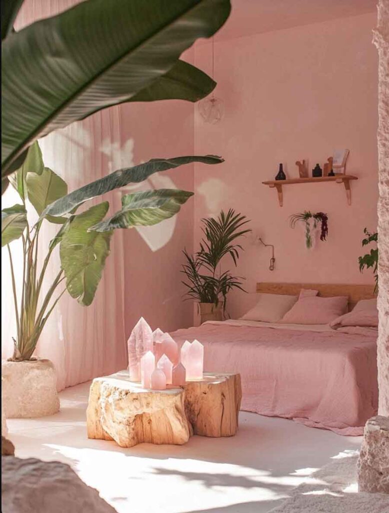 simple pink aesthetic witchy bedroom with crystals