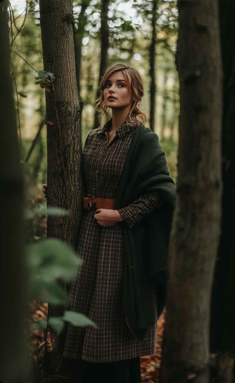 outlander aesthetic fall cottagecore outfit with plaid dress and scarf  