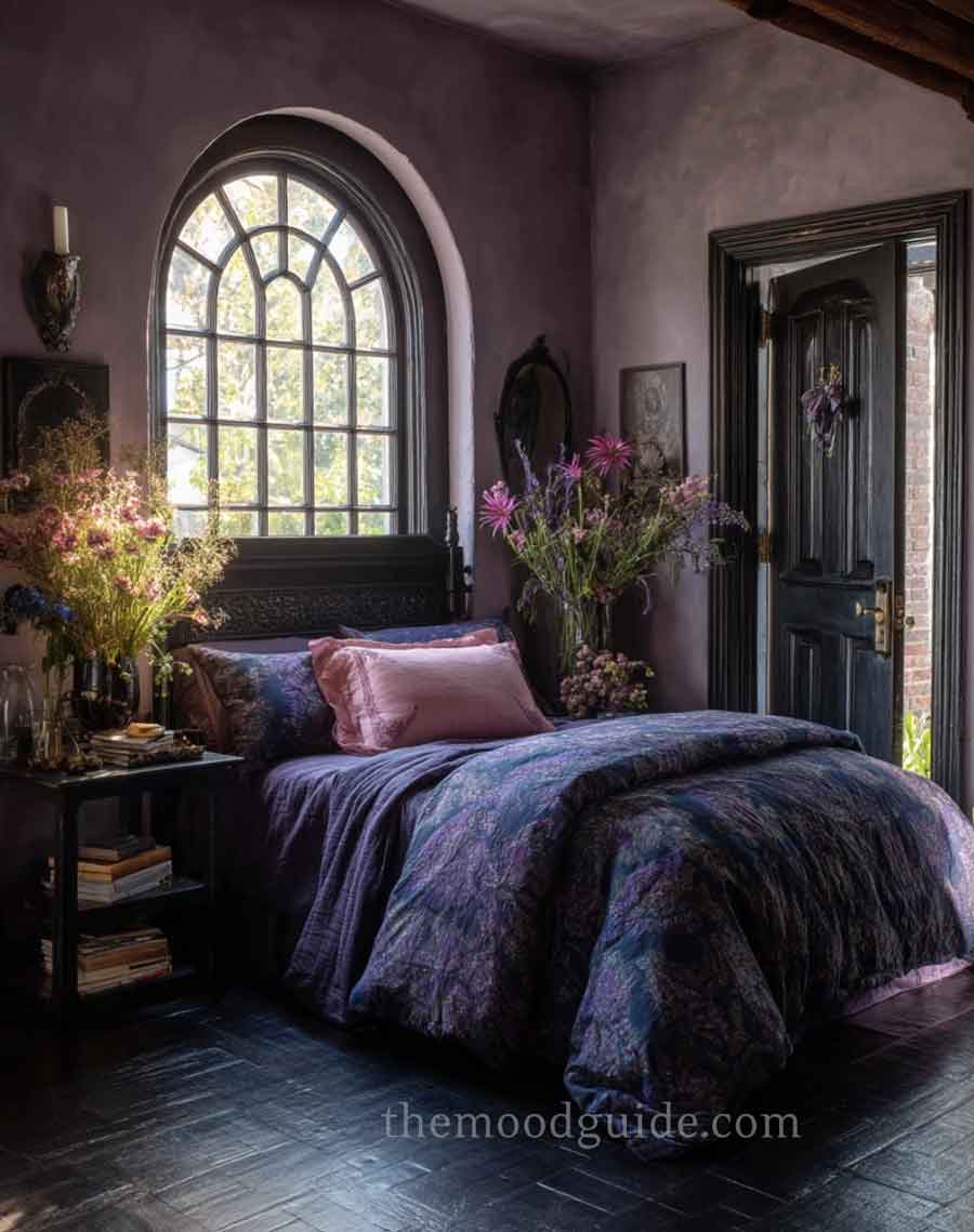 cute small simple rustic purple witchy bedroom idea