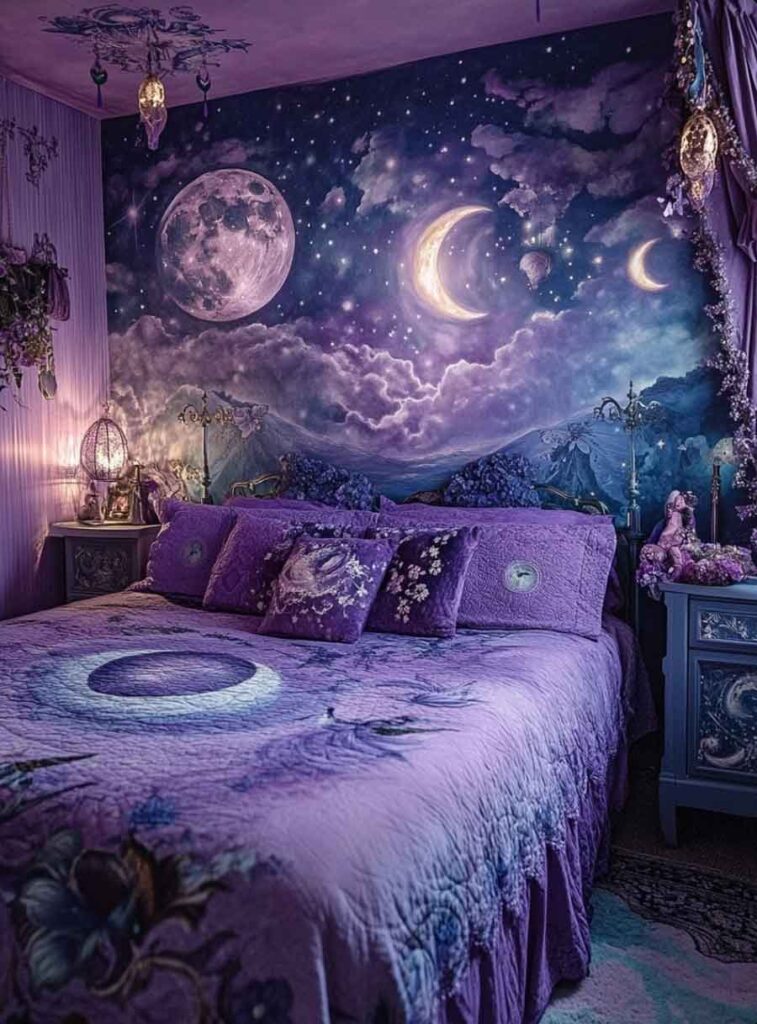 purple celestial witchy aesthetic bedroom