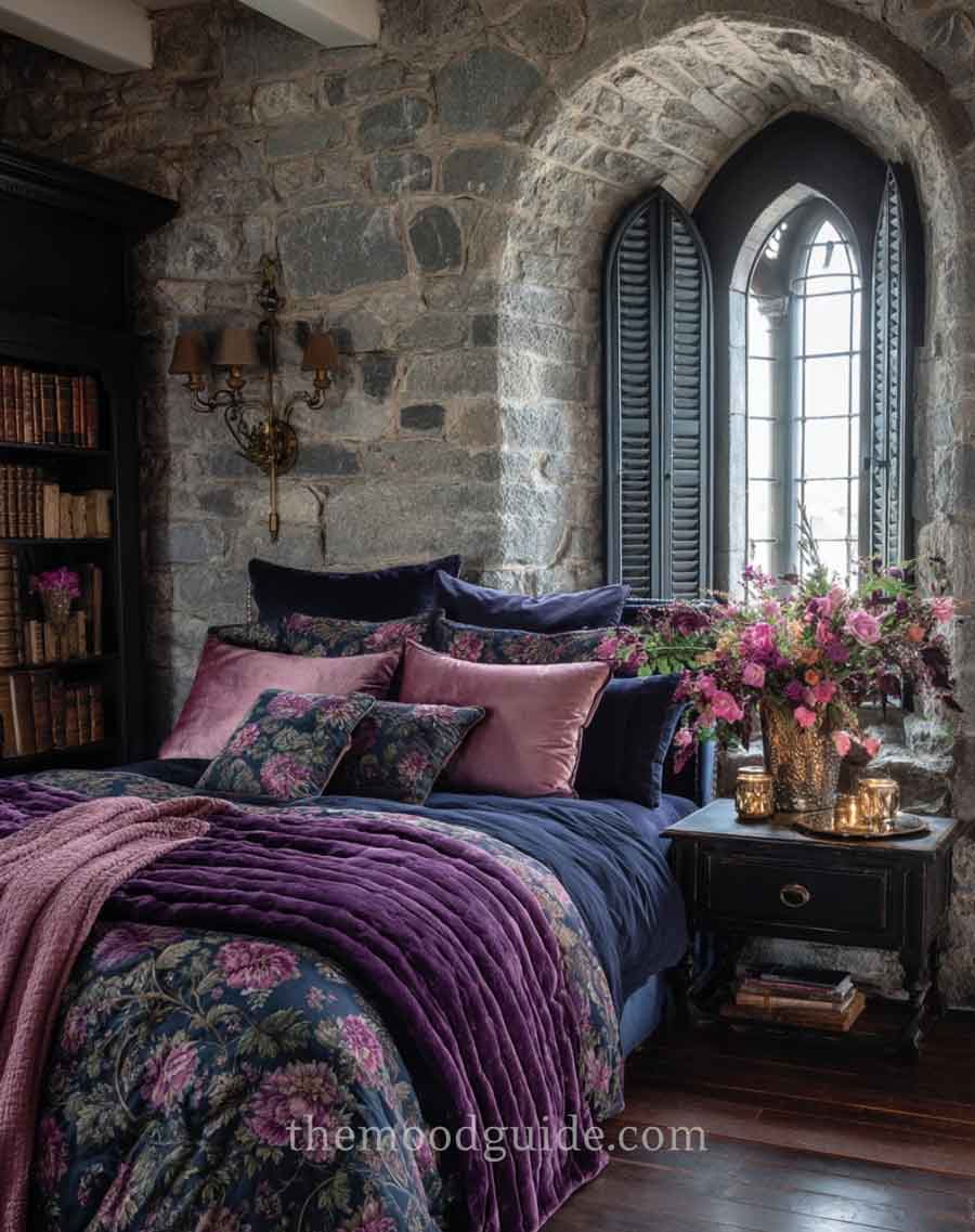 castlecore bedroom decor with witchy dark floral bedding and velet in navy blue and purple
