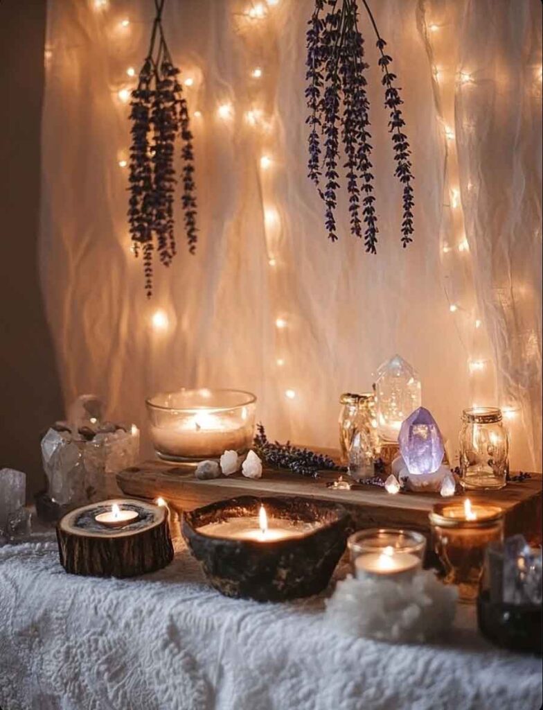 rustic lavender aesthetic crystals witch altar