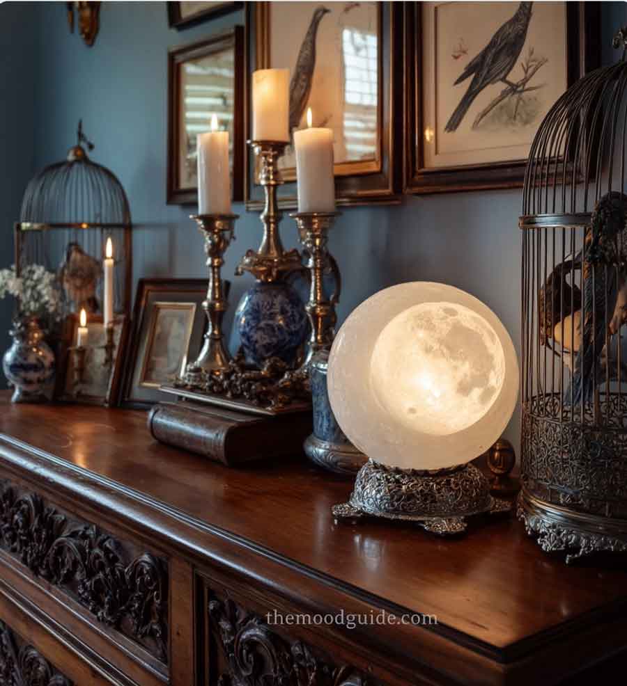 witchy bedroom and living room decor with vintage candles, vintage wall gallery and moon lamp