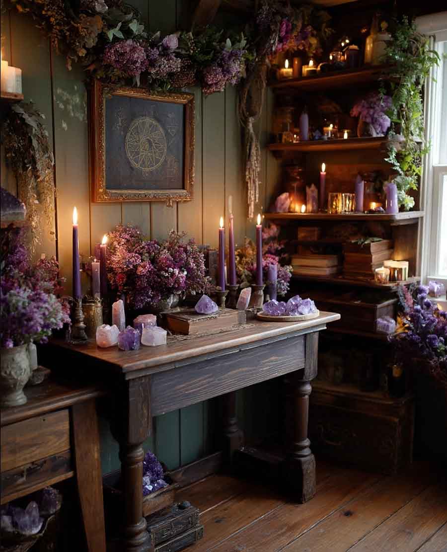 purple and green rustic witch altar