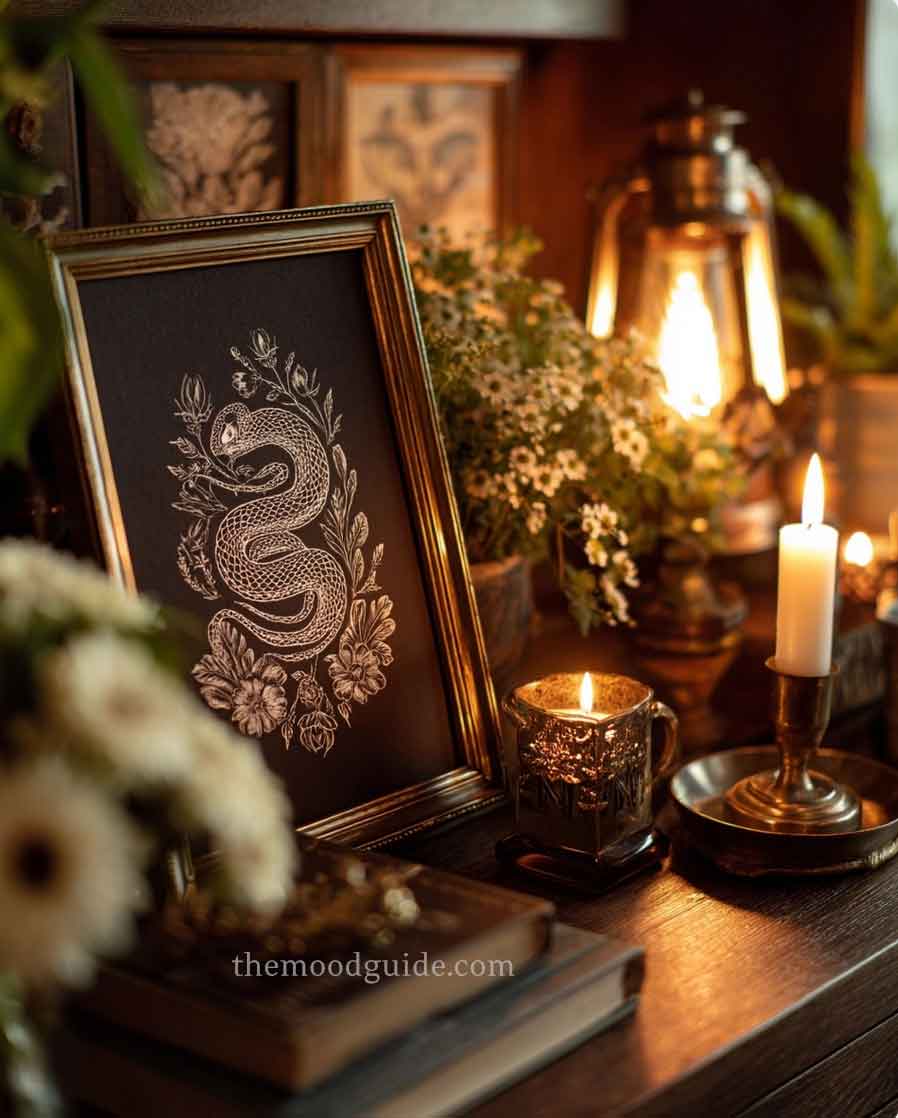 witchy bedroom decor, intage chic aesthetic with candles and snake