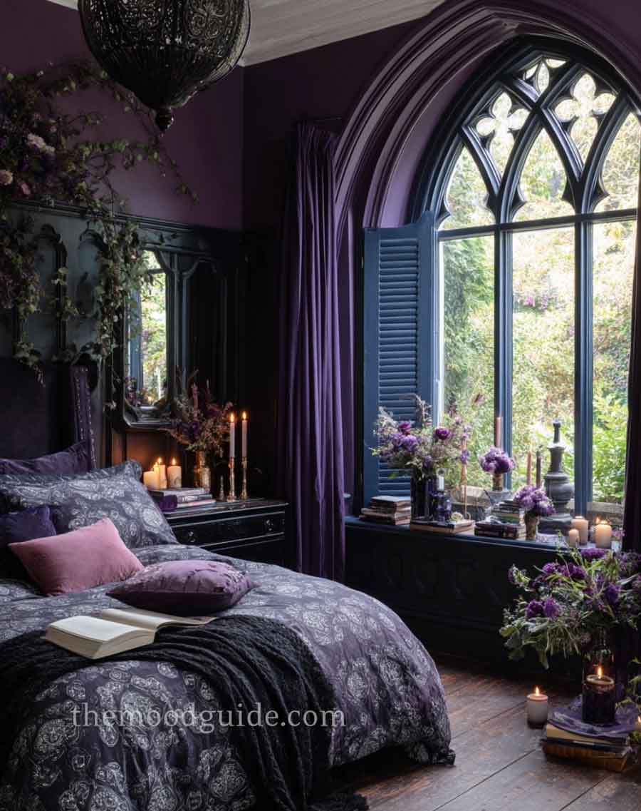 purple witchy french gothic bedroom