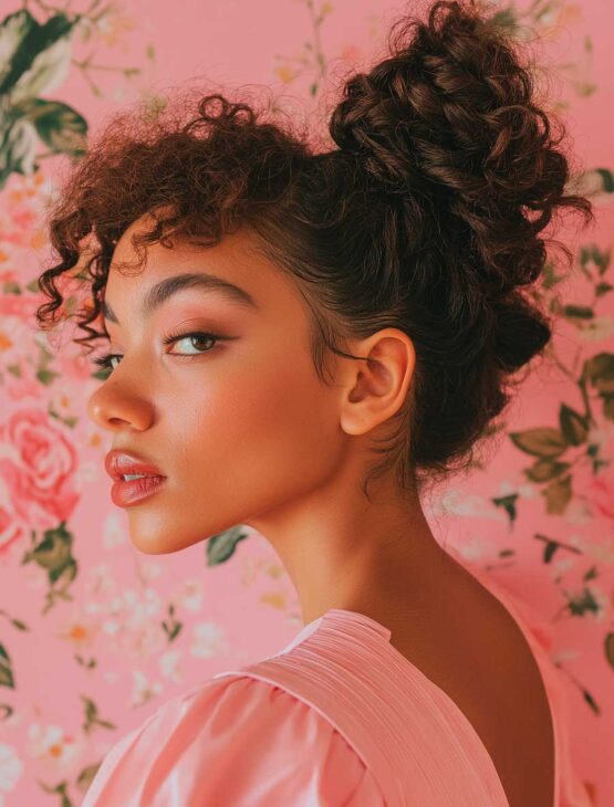 curly medium lenght easy  hairstyle with boho updo on brown skin black woman wearing a soft pink makeup, girly pink aesthetic mood.