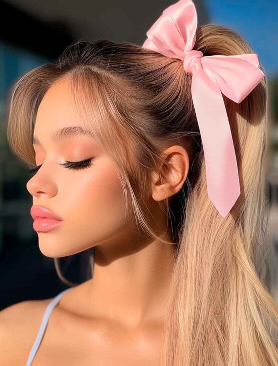 ariana grande inspired hair with pink bow ponytail