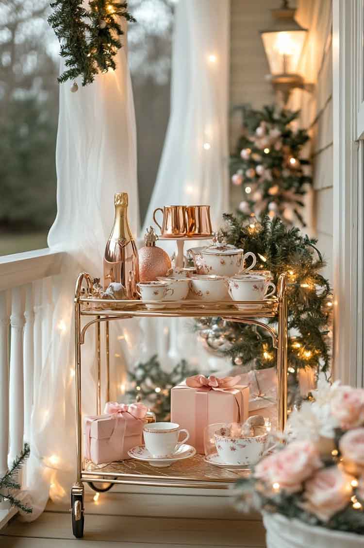 rose gold tea party christmas porch decoration. Pink, vintage feminine and cozy porch decor for holiday. 