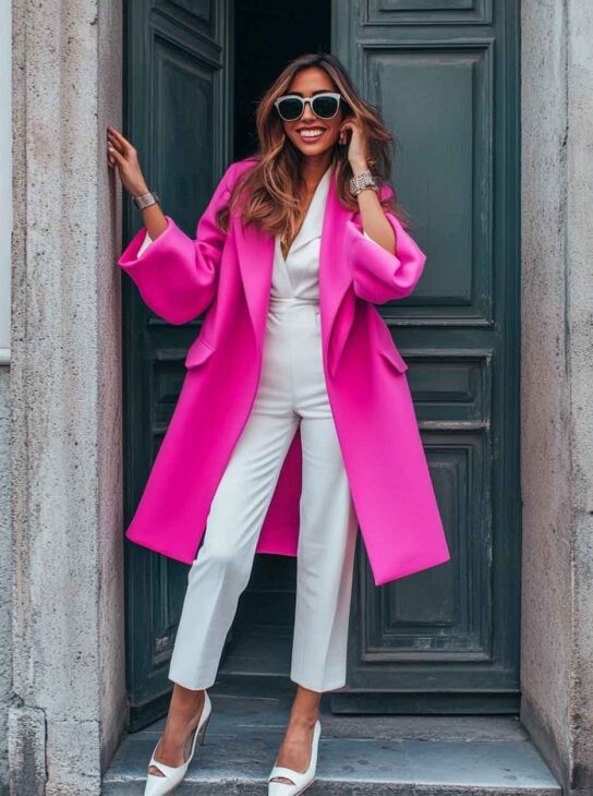 all white and pink cute work outfit with pink coat