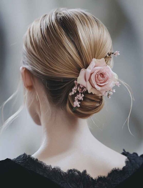 bridesmaid hairstyle for medium lenght hair. feminine, girly, flower themed or spring wedding with a rose hair accessory.