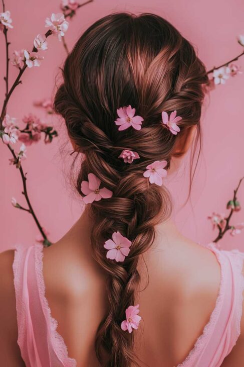 braided feminine and romantic hairstyle for bridesmaid. cherry blossom pink themed for spring wedding