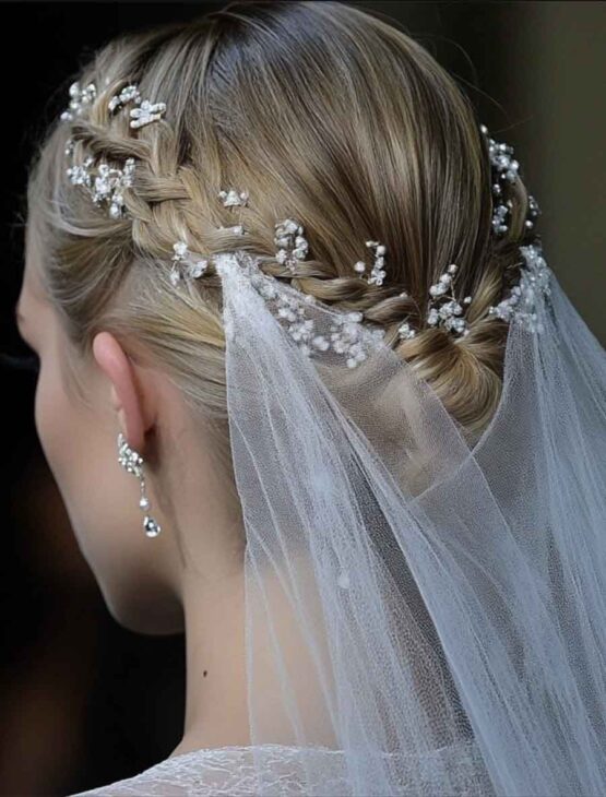 elegant classy wedding hairstyle with veil. updo braid on medium lenght hair