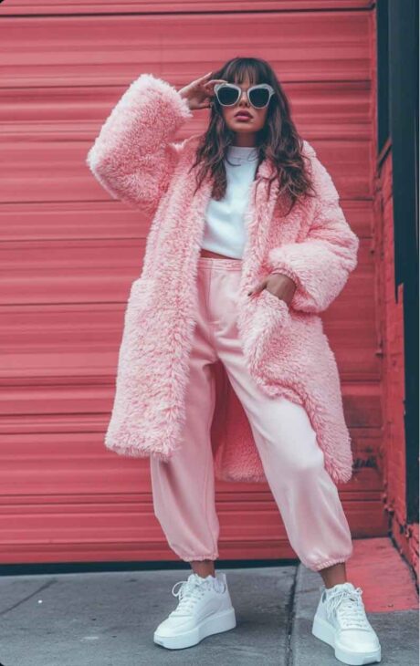 cozy long pink coat outfit with sweatpants