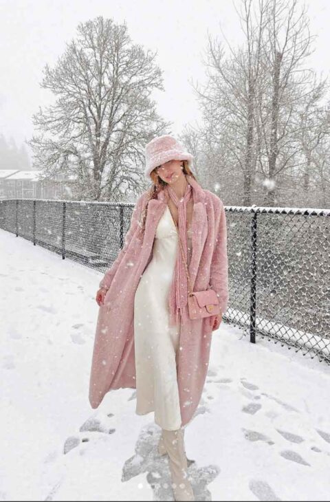 classy warm winter outfit with blush pink coat